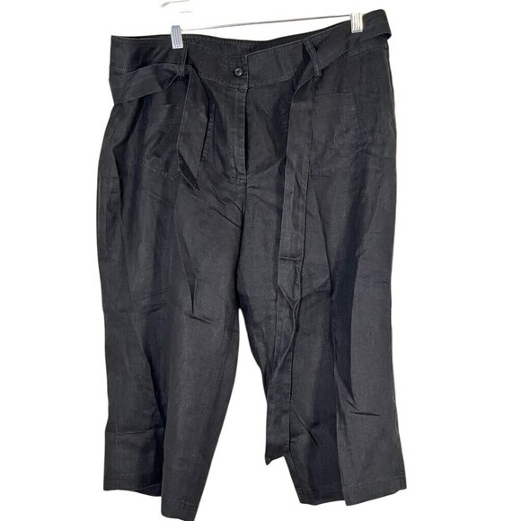 Coldwater Creek Linen Pant 16 Black Belted Neutral Classic Chic Preppy - Picture 1 of 12